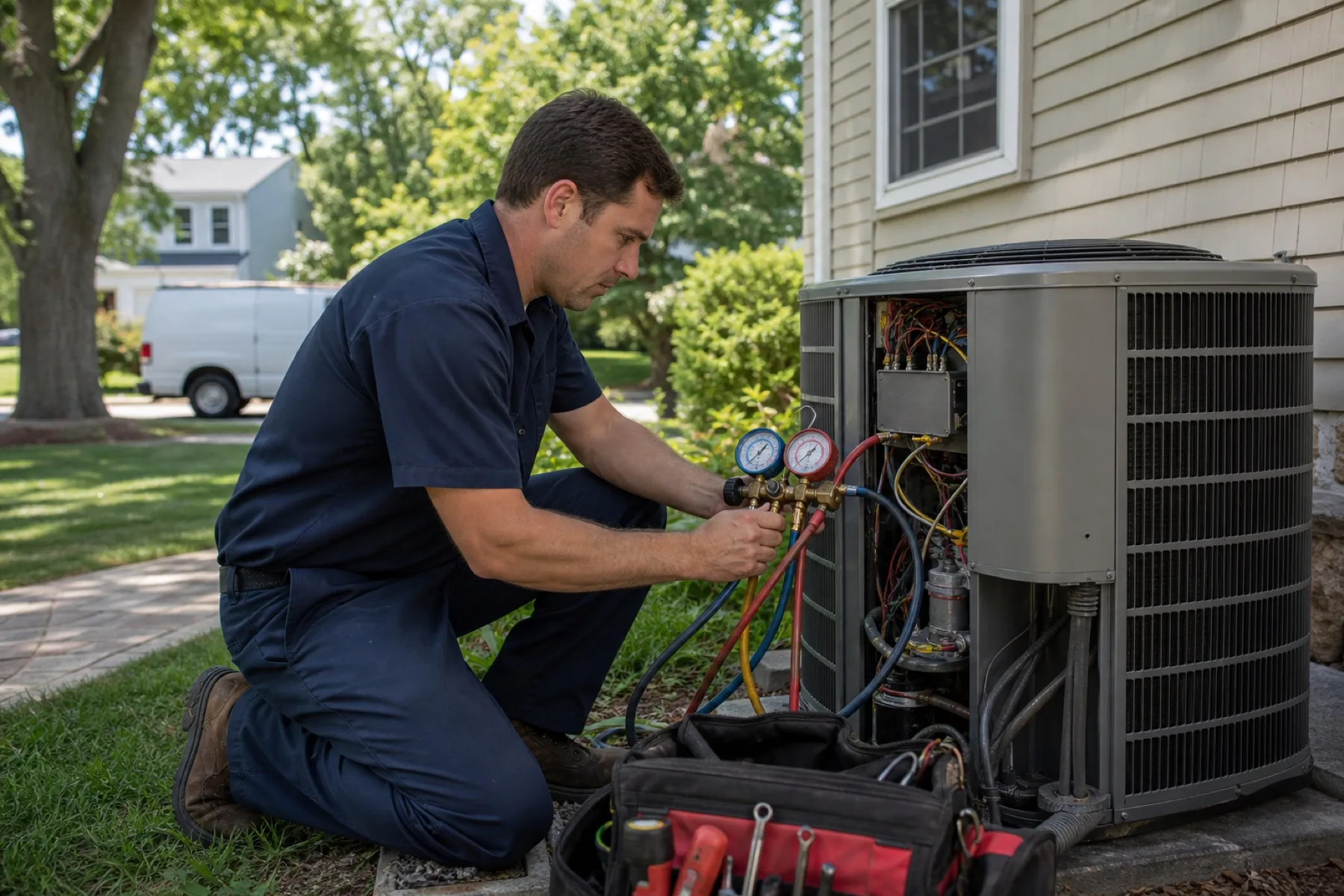 Residential HVAC technician servicing an outdoor air conditioning condenser