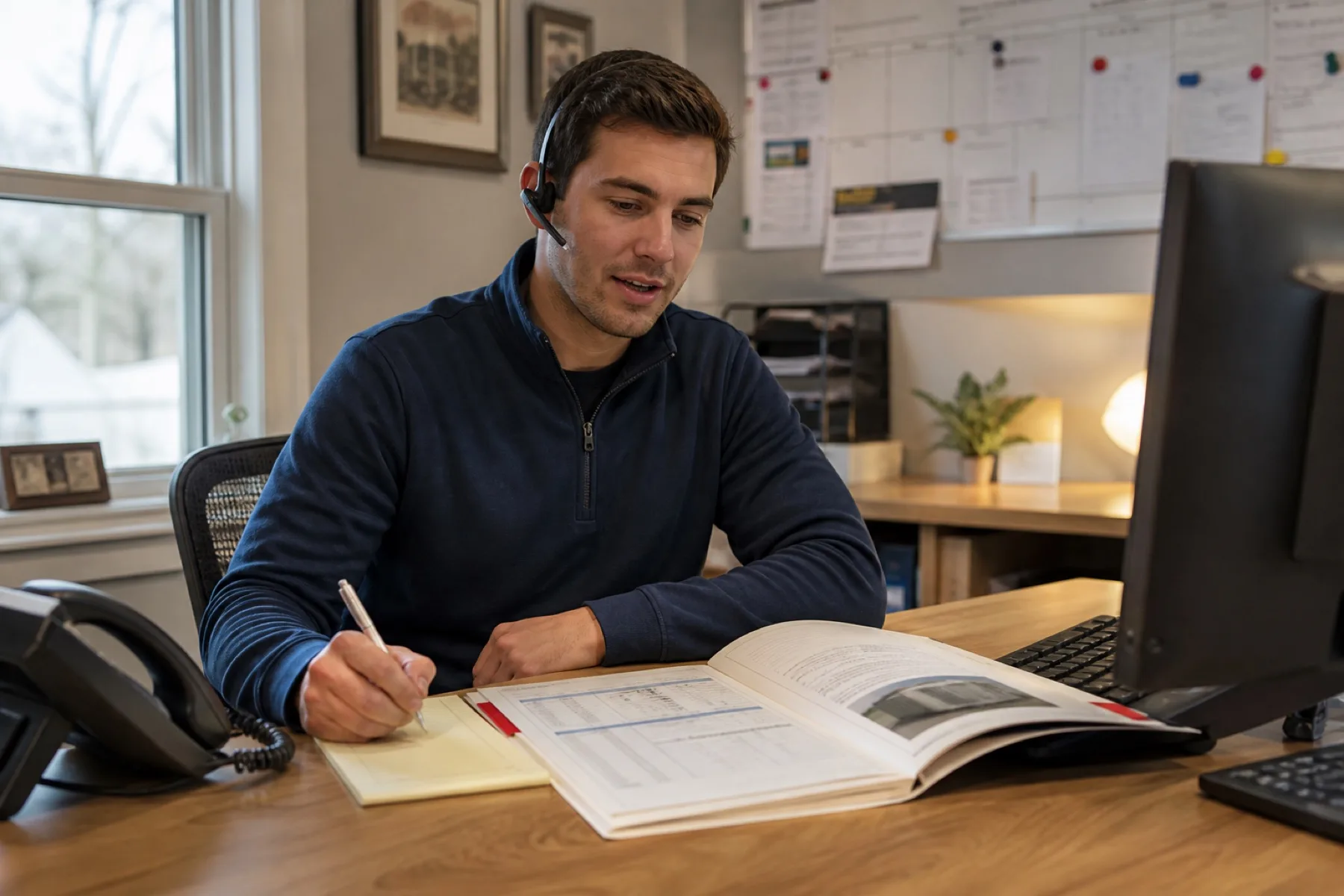 Local representative making an HVAC estimate follow-up call and taking notes
